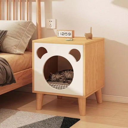 Wooden Cat Bedside Cabinet Multifunctional Cattery Storage Nightstand Furniture