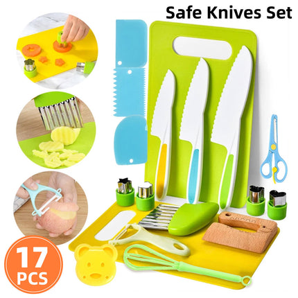 17PCS Kids Kitchen Knife Set Fruit Cutting Board Toddler Cooking Learning Tools
