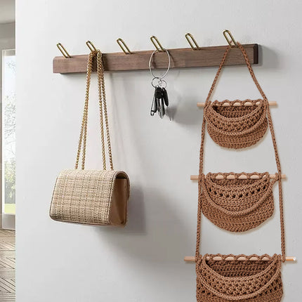 3-Tier Wall-Mounted Storage Basket Cotton Rope Brown Bohemian Woven