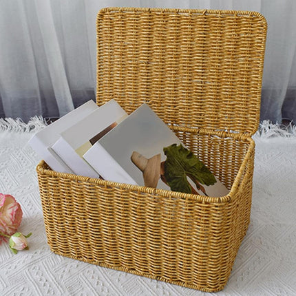 Storage Box Bedroom Organizer Faux Rattan Woven Basket with Lid Home