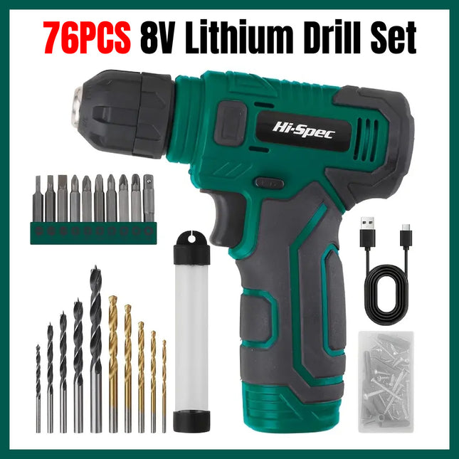 76PCS 8V Lithium Drill Set Adjustable Compact Lightweight Durable Sturdy Use