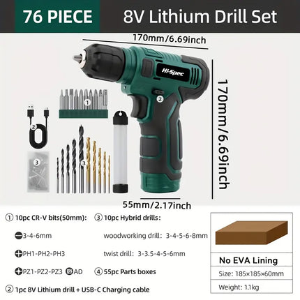 76PCS 8V Lithium Drill Set Adjustable Compact Lightweight Durable Sturdy Use