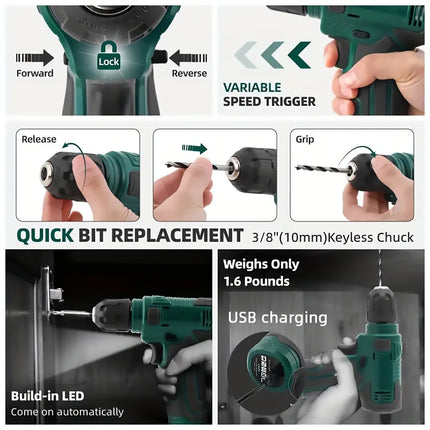 76PCS 8V Lithium Drill Set Adjustable Compact Lightweight Durable Sturdy Use