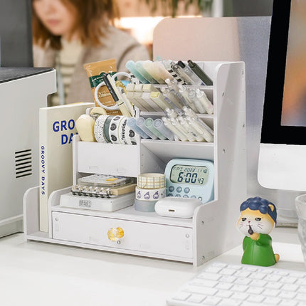 Desktop Stationery Organiser Rack with Side Bookend Drawer for Pens Markers
