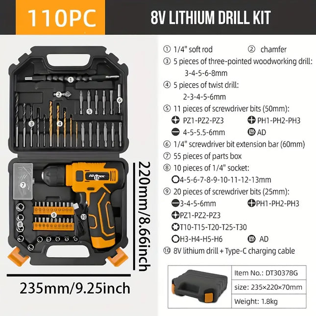 110PCS 8V Lithium Drill Kit Rechargeable for Home Repair Furniture Installation