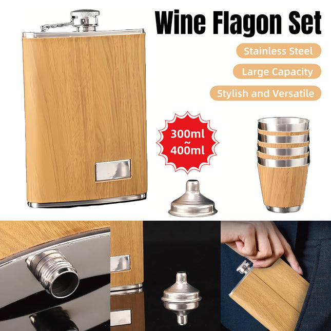 Wood Grain Hip Flask Set Stainless Steel Wine Pot With Wine Cup And Funnel