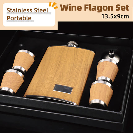 Wood Grain Hip Flask Set Stainless Steel Wine Pot With Wine Cup And Funnel