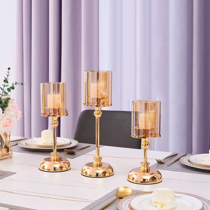 3PCS Light Luxury Style Candlestick Alloy and Glass Material Home Decor Durable