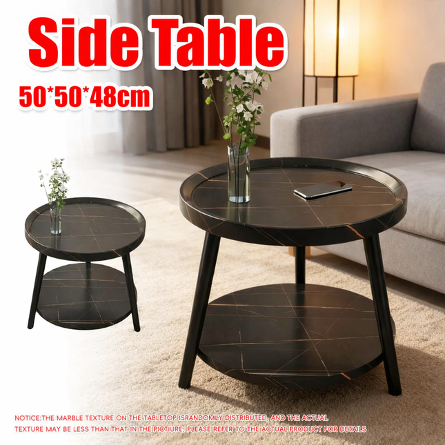 Round 2 Tier Side Table Black Marble Look MDF Top with Carbon Steel Legs 50cm