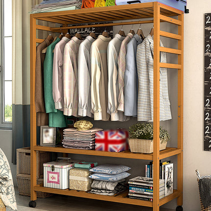 Bamboo Floor-Standing Clothes Rack with Wheels Large Capacity Bedroom Entryway