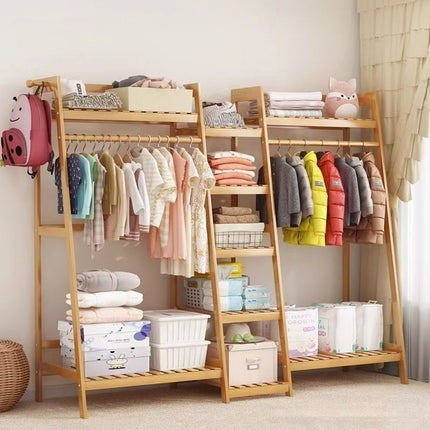 Bamboo Floor Standing Clothes Rack Multi Functional Clothes Cabinet Sturdy