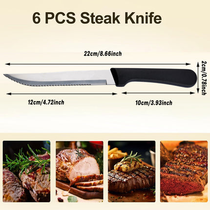 6pcs Stainless Steel Steak Knife Black Plastic Handle Cutlery For Kitchen Dining