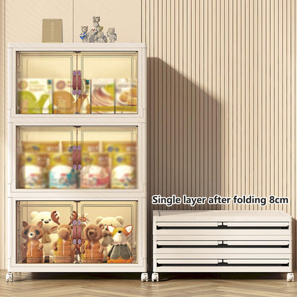 3 Tier Folding Storage Cabinet Shelf with Doors and Wheels for Home Office Dorm