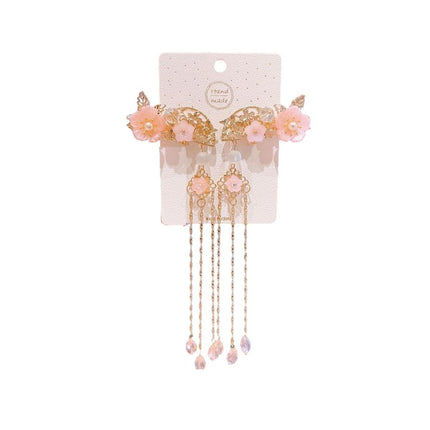 2Pcs Hanfu Flower Hair Clip Pearl Tassel Butterfly Hairpin Female/Children Party - Aimall