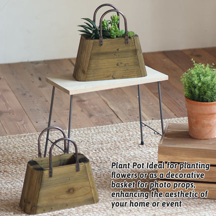 26cm Handbag Shape Flower Pot with Metal Handles in Natural Wood