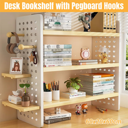 Desktop Bookshelf with Pegboard Hooks 3 Tier Storage Organizer for Office Home