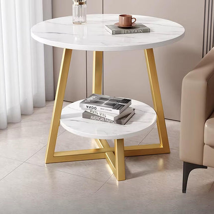 Round Side Table 2 Tier White Nightstand Coffee Sofa End Table Marble Design