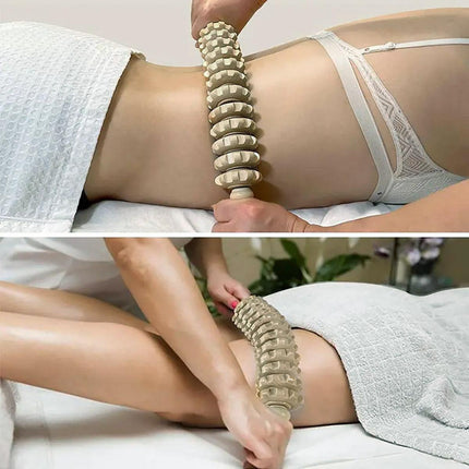 Wooden 12Roller Massage Stick Meridian Therapy Neck Back Thigh Muscle Relaxation
