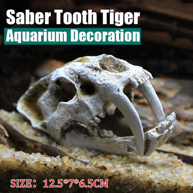 Reptile Fish Tank Saber Tooth Tiger Skull Hide Ornament Aquarium Decoration - Aimall