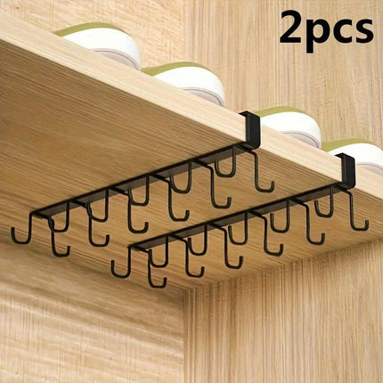 2pcs No Punch Cup Holder Double Row Hooks Mug Storage Rack for Kitchen Shelves