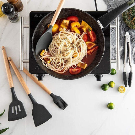 Set Of 12 Silicone Utensils Set Wooden Cooking Kitchen Baking Cookware Au  Stock