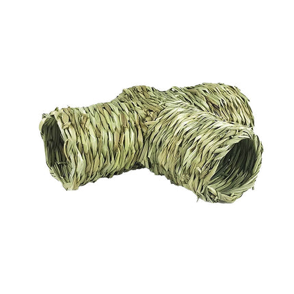 Handmade Woven Grass Pet Tunnel T Shape Hideout Toy for Hamster Guinea Pig