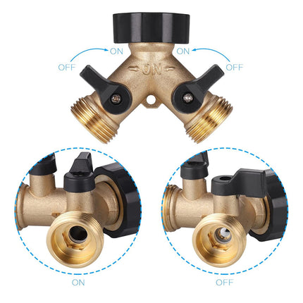 2 Way Solid Brass Hose Splitter 2-Way Hose Connector With Shut OFF/ON Valves