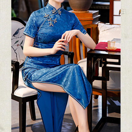 Blue Cheongsam Dress Long Retro Elegant Style Traditional Chinese Qipao Vintage