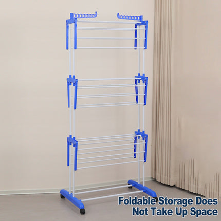 3 Tiers Indoor Folding Floor Standing Clothes Rack Movable Towel Organizer Shelf