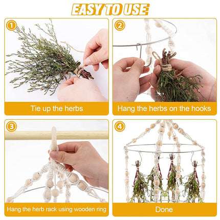 Handwoven Hanging Herb Spice Flower Drying Rack with Cotton Rope Wood Ring