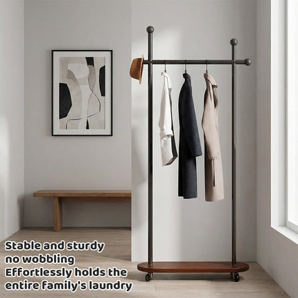 Portable Clothes Rack 60x30x175cm Metal Frame Wood Base Wheels for Bedroom