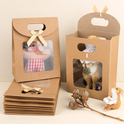 24PCS Kraft Paper Gift Bag Window Handheld Bow Clamshell Packaging Shopping Bag