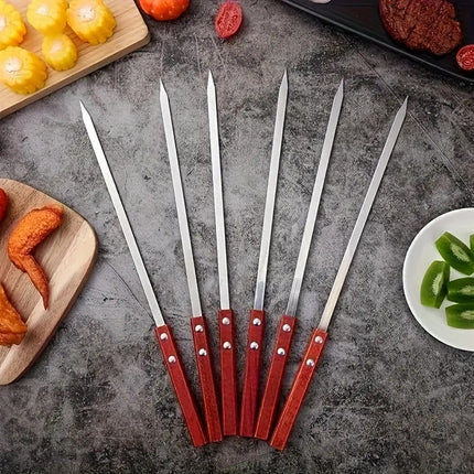 Stainless Steel BBQ Large Wooden Handle Flat Skewer Heat Resistant Easy Clean