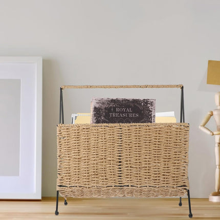 Natural Handwoven Magazine Rack Tabletop Bookshelf Newspaper Storage Basket