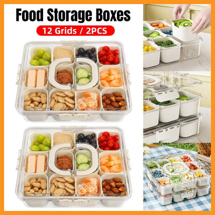 2pcs Salad Box Portable Sealed Bento Box Transparent Fruit Storage 12 Squares