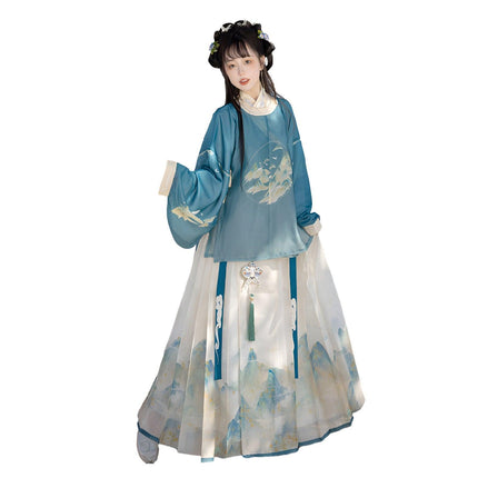 Hanfu Women Traditional Ming Style Round Neck Gown Horsefaced Skirt Set Dress - Aimall