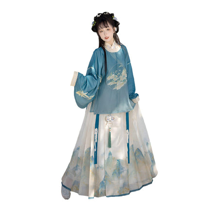 Hanfu Women Traditional Ming Style Round Neck Gown Horsefaced Skirt Set Dress - Aimall