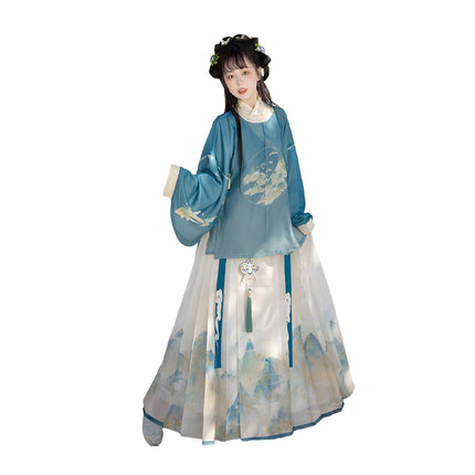 Hanfu Women Traditional Ming Style Round Neck Gown Horsefaced Skirt Set Dress - Aimall