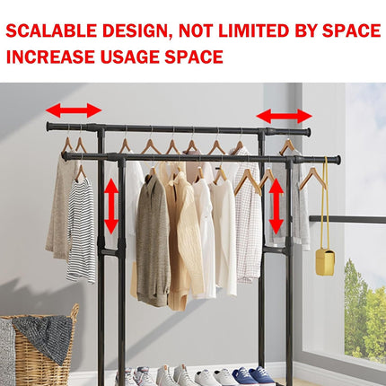 3-Tier Adjustable Height Rolling Clothes Rack Retractable Moveable with Wheels