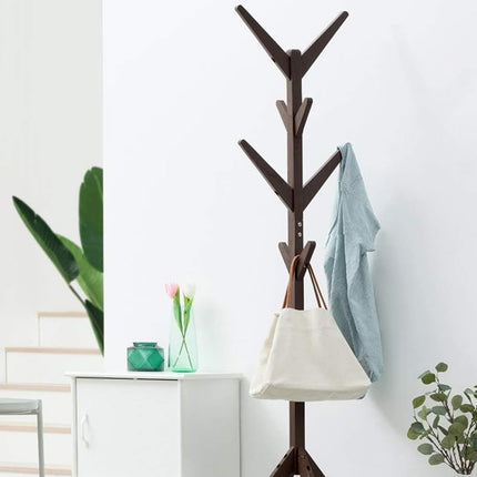Solid Wood Coat Rack Floor Standing Clothes Hanger with 8 Hooks