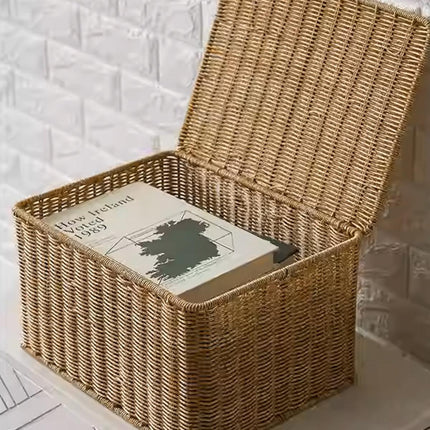 Storage Box Bedroom Organizer Faux Rattan Woven Basket with Lid Home