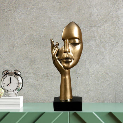 Abstract Face Resin Sculpture in Gold with Black Base for Living Room