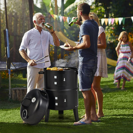 3in1 Portable Charcoal Vertical Smoker BBQ Roaster Grill Steel Water Steamer