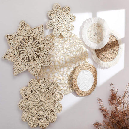 Boho Wall Decor Set 7PCS Handwoven Natural Rattan Cotton Living Room Porch