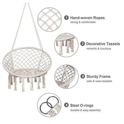 Beige Hammock Swing Chair Cotton Macrame Hanging Rope Seat Indoor Outdoor Patio