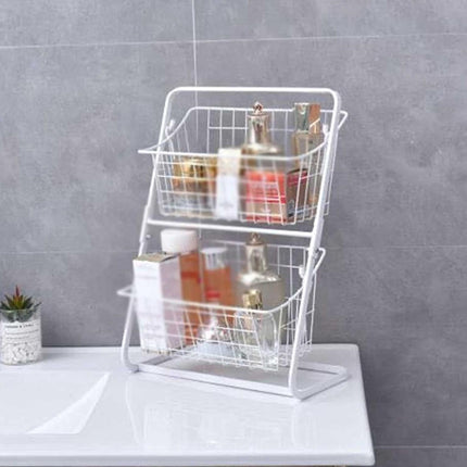 2 Tier Detachable Wire Storage Rack White Metal Basket Stand for Bathroom Desk