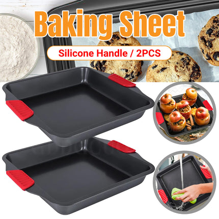2 PCS Baking Tray with Silicone Handle Non-Stick Roasting Pan Safe Easy Clean