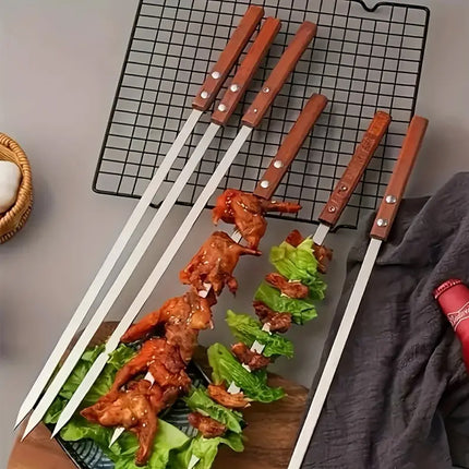 Stainless Steel BBQ Large Wooden Handle Flat Skewer Heat Resistant Easy Clean