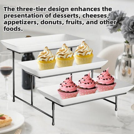 3 Tier Display Stand Black Metal Frame White Trays for Party Wedding Catering