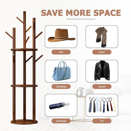 Solid Wood Floor-Standing Coat Rack with 8 Hooks Space Saving for Home Entryway